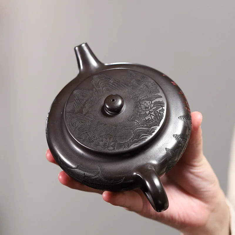 Handmade Yixing Ore Yellow Purple Clay Pot Carving and Gas Flat Morning Teapot Cover inside Lettering High-Capacity Ball Hole