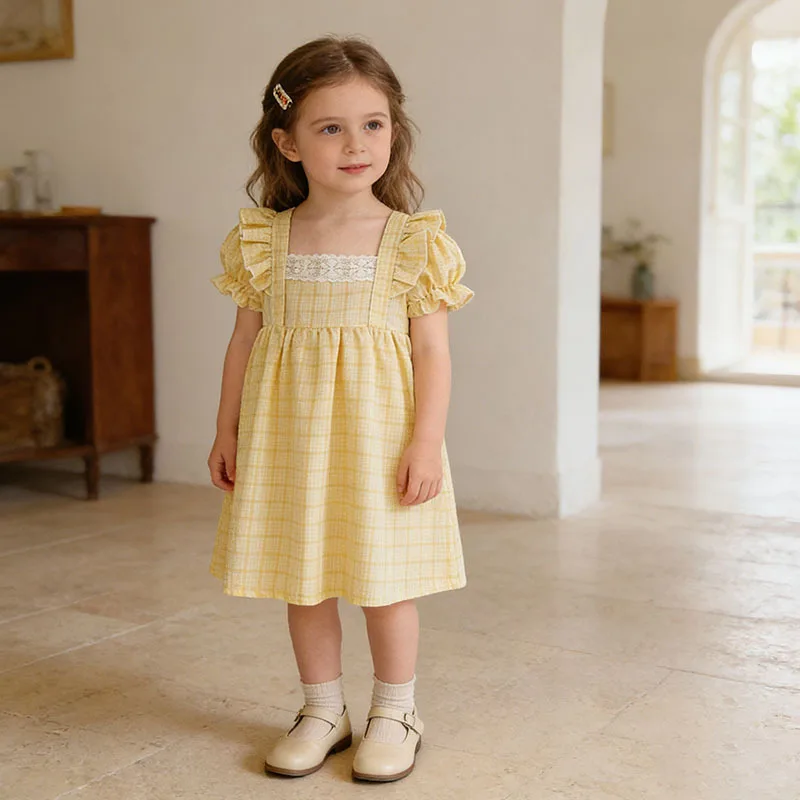 

Hot Sale Girls Summer Lace Square Collar Plaid Dress Korean Style Princess Dress Children's Skirt