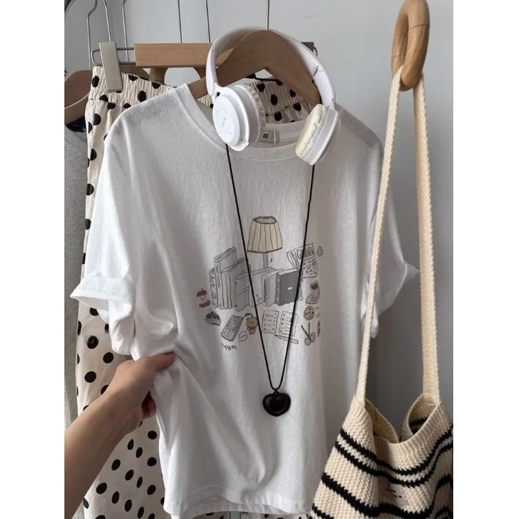 

Свободная женская футболка с коротким рукавом больших размеров, модная базовая модель, весна-лето, новый стиль, с принтом, удобный топ