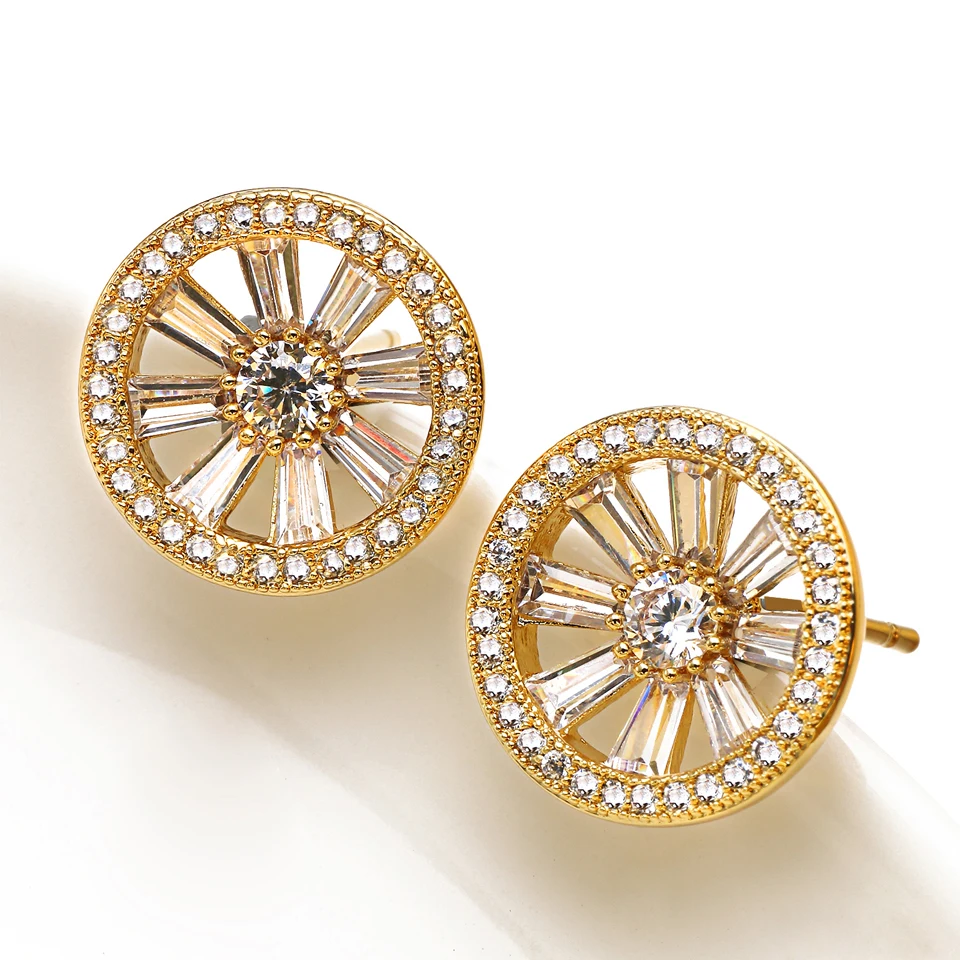 VANAXIN Sparkly Cubic Zirconia Wheel Stud Earrings for Women Gold Plated Elegant Sunflower Shape Wedding Party Daily Jewelry