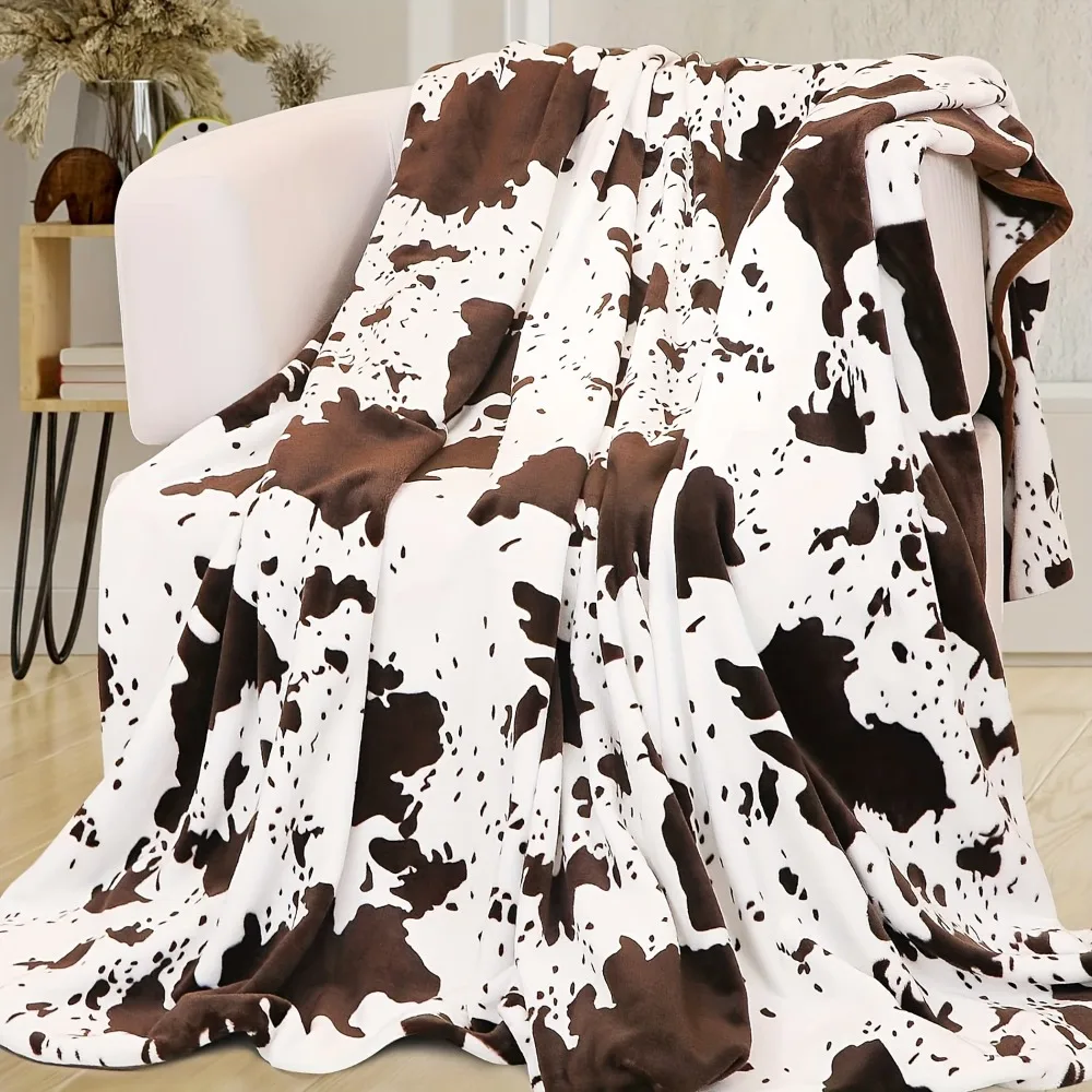 1pc White Brown Blanket Cow Spots Printed Skin-friendly Warm Flannel Blanket for Home Living Room Decor New Year Christmas Gift