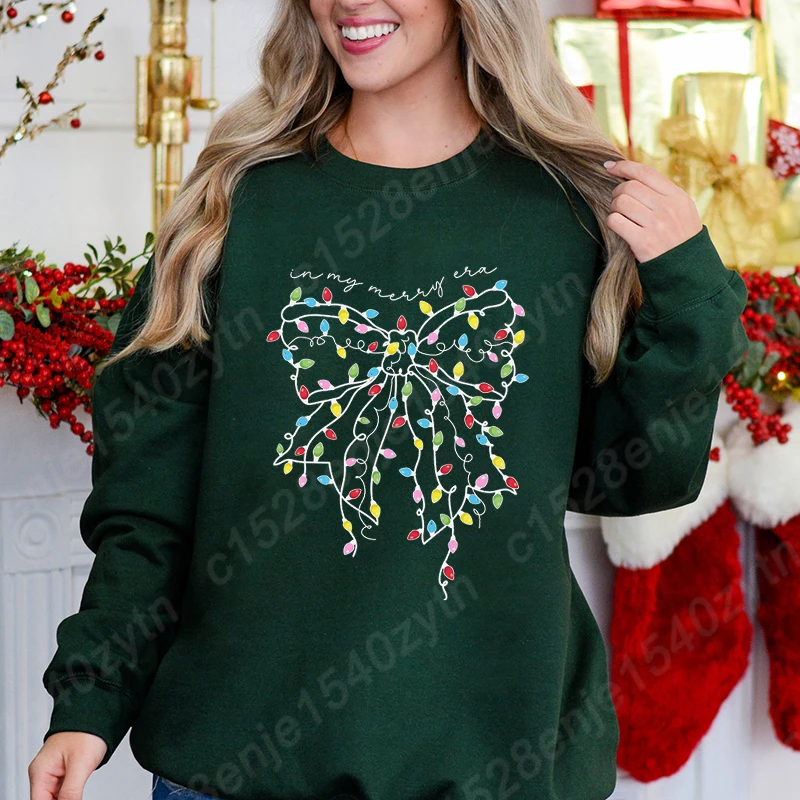 Christmas Light Bow In My Merry Era Print Pullovers Women Round Neck Pullovers Creative Solid Color Casual Hoodeless Sweatshirts
