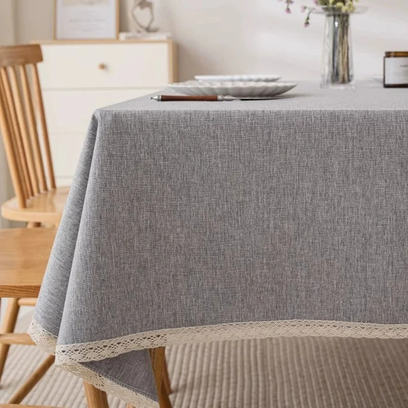 Solid Color Cotton Linen Tablecloth Waterproof And Oil Resistant Lace Trim Decorative Table Cover for Home Dining Party Banquet