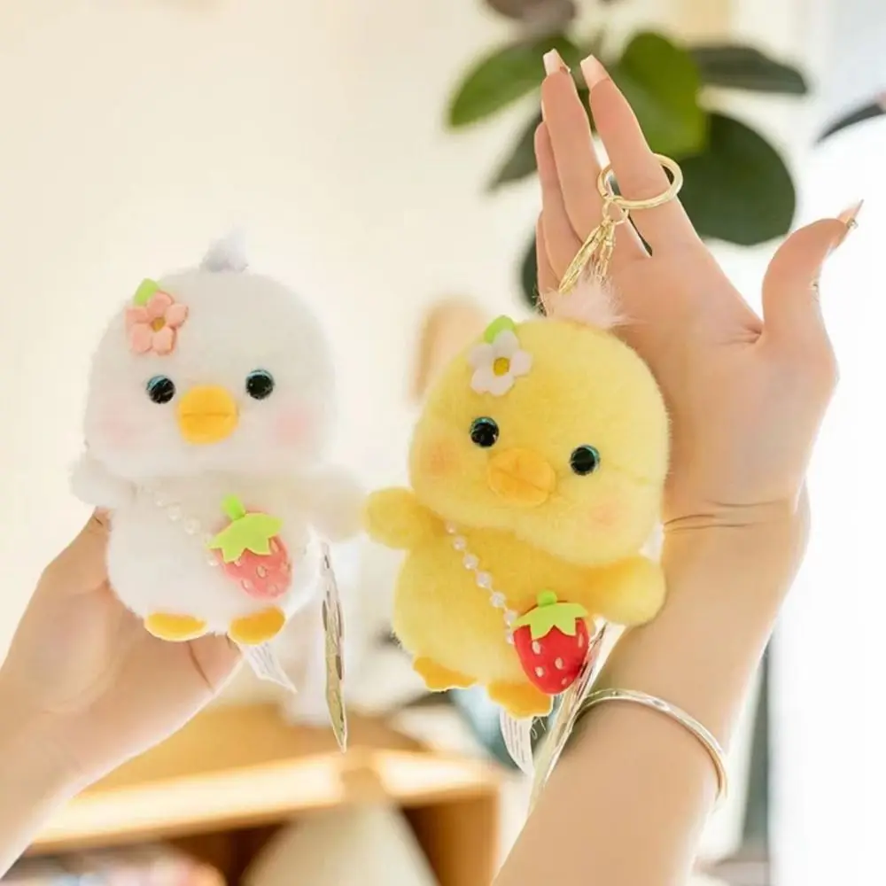 3d Eyes Duck Plush Keychain Strawberry Simulation Pressing Music Plush Pendant Soft Stuffed Yellow Duck Plush Keyring Home Decor