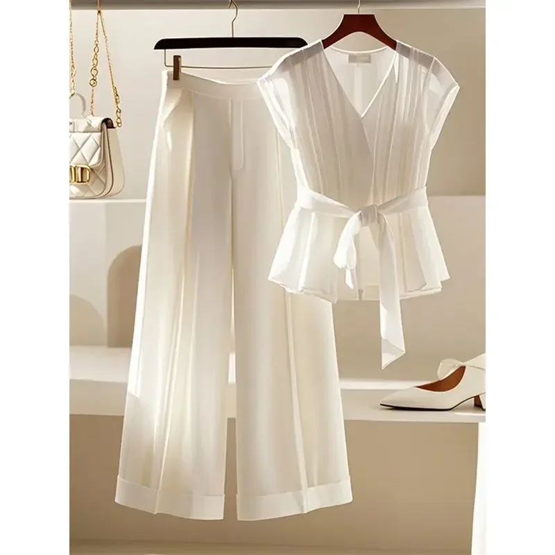 Summer New Fashion French Style V-neck Lace up Slim Blouse Top StylishThin Wide Leg Pants White Two Piece Sets Women Outfits