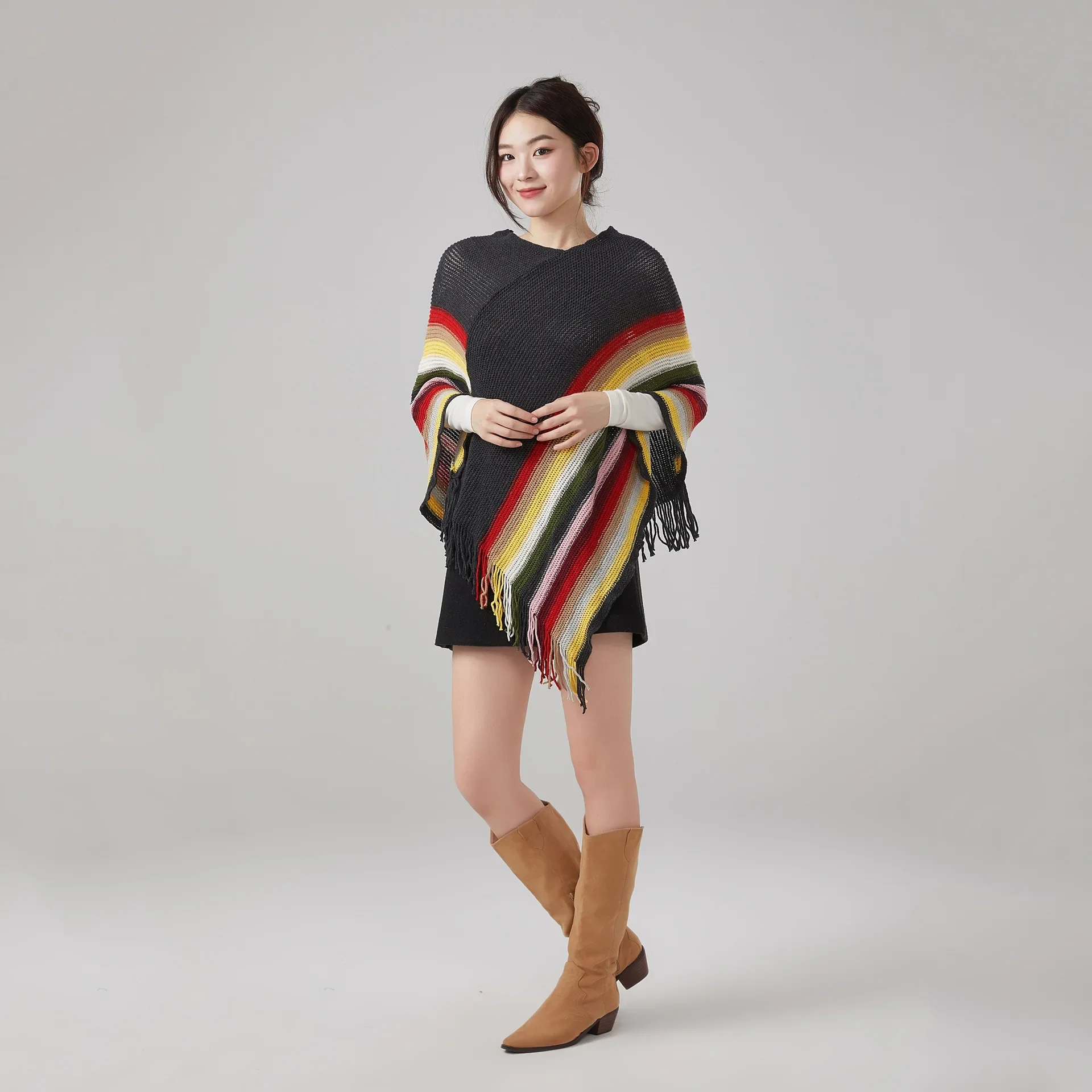 

European and American Autumn/Winter New Arrival Ethnic Style Colorful Tassel Capelet Flare Women's Travel Knitwear Outerwear P1