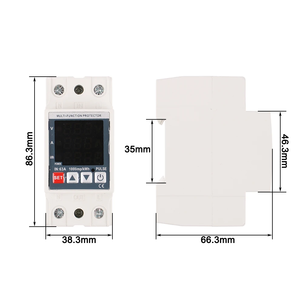 3in1 Display Din Rail Adjustable Over Voltage Current Under Voltage Protective Device Protector Relay 220V KWH 63A