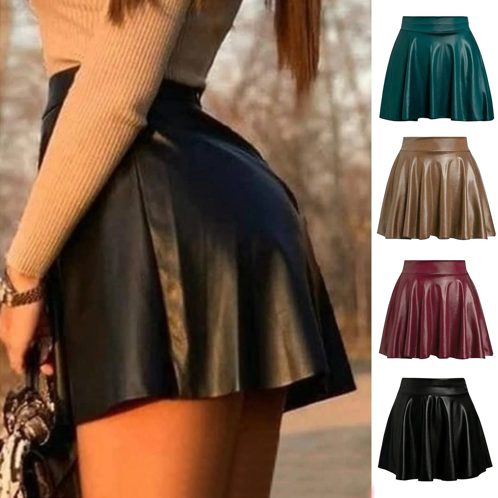 Women\'s Fashion High Waist Pleated Solid Color Short Skirt Loose Skirt Metallic Skater Skirt Sparkly Korean Style Women\'S Skirt