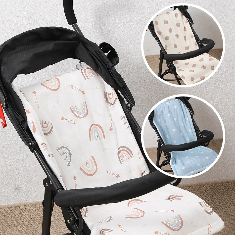 Baby Stroller Liner Pad, Cotton Muslin Stroller Seat Cushion, Breathable Reversible Seat Liner for Newborn Toddler