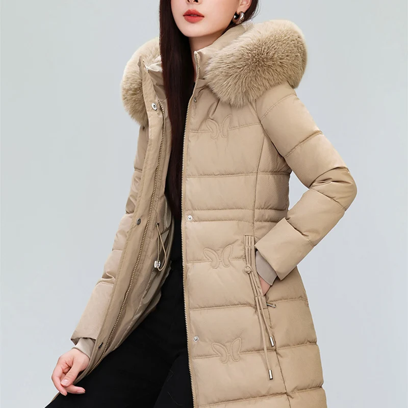 Butterfly Pattern Mid-Long Parkas Women Winter Warm Furry Collar Hooded Parka Jacket Woman Slim Fit Thicken Parkas Female