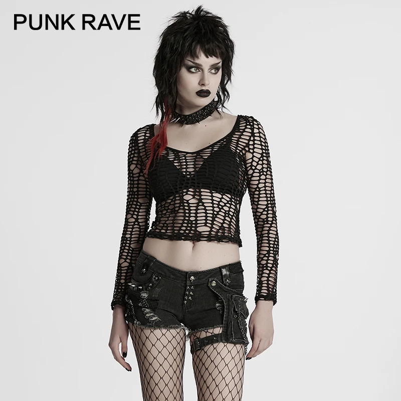 PUNK RAVE Women\'s Punk Rock Style Washed Denim Shorts with Studs Metal Chain Visual Kei Heavy Metal Streetwear for Women