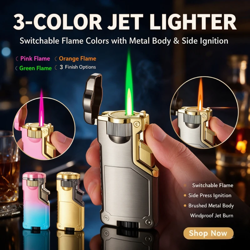 Metal Windproof Torch Lighter with Triple Flame, Gradient Appearance, Switchable Flame Mode, Creative Butane Gas Lighter,Smoking