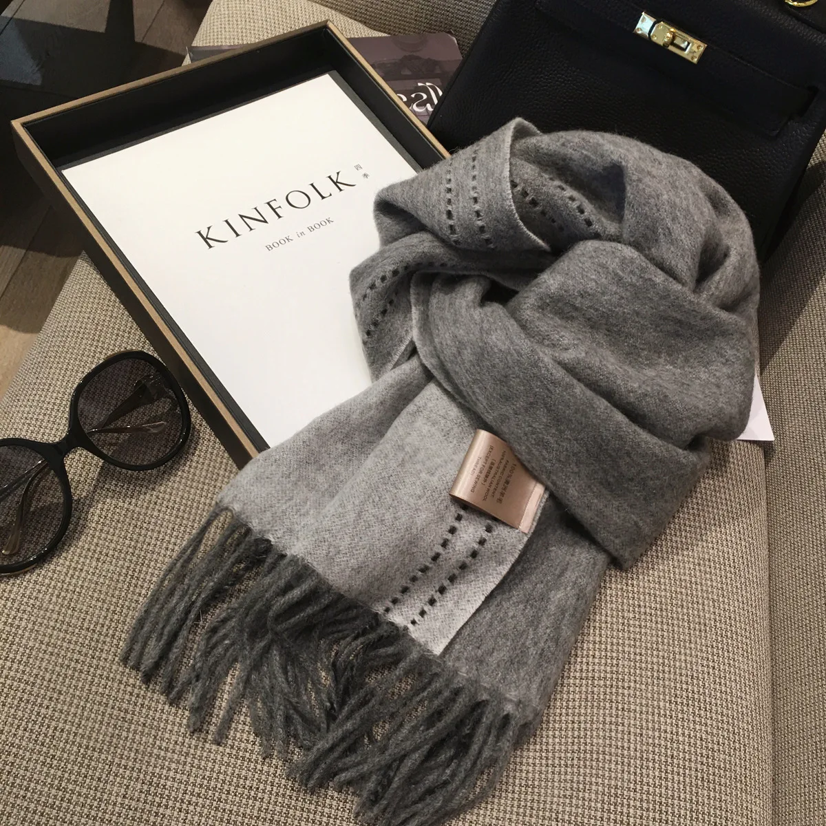 

Heavy Treasure Australian Wool Solid Color Simple Double-sided Scarf Women's Winter All-match Warm Narrow Version Neck Scarf