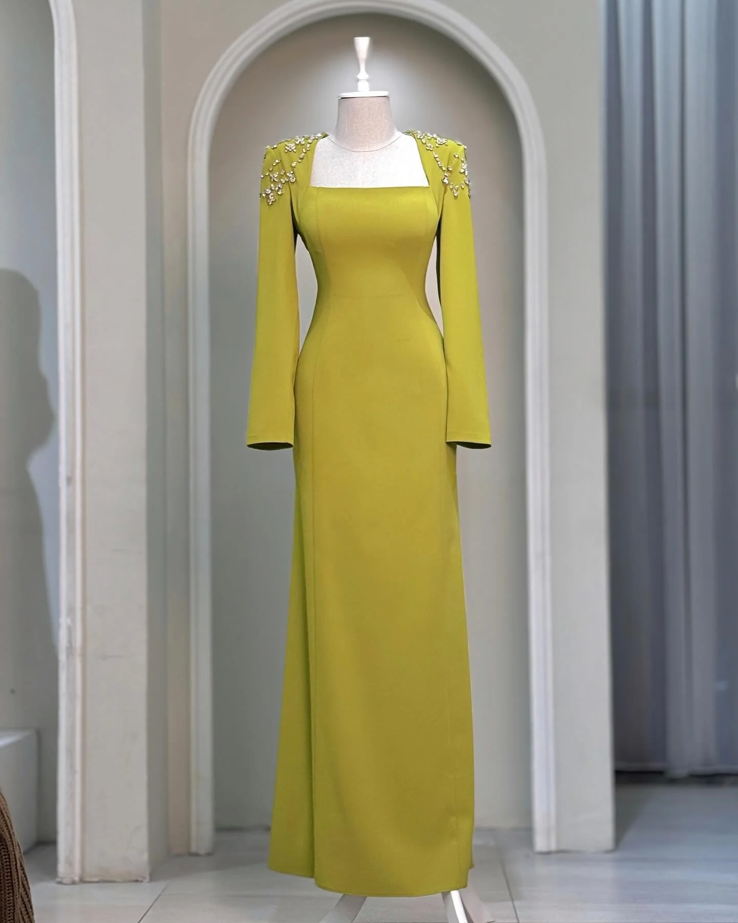 

Customized Formal Jersey A-Line Crystal Evening Dress New fashion Long Sleeves Square Neck Floor Length Bespoke Occasion Gowns