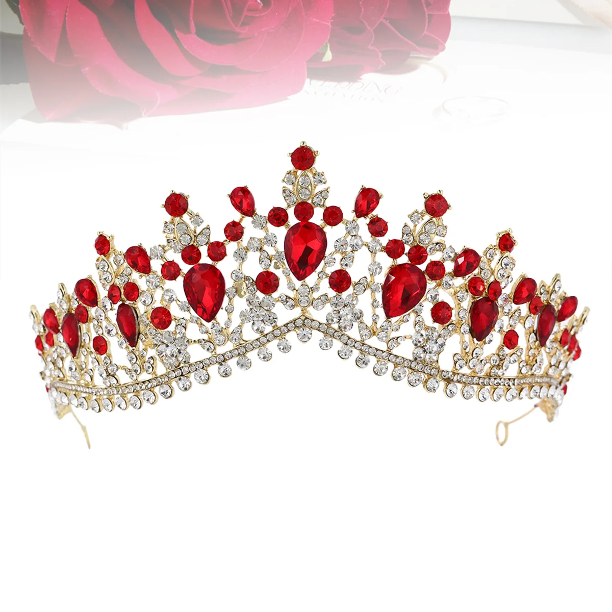 

1PC Rhinestone Large Crown Bridal Headdress Alloy Crown Headdress Elegant Headdress for Woman Girl (Red)