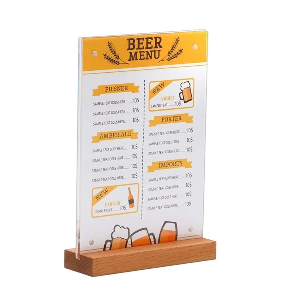 Akrylowy, ลadowany od gรณry, dwustronny uchwyt na etykiety, drewniana podstawa, hotel, kawiarnia, restauracja, jedzenie, reklama, ramka na plakat,