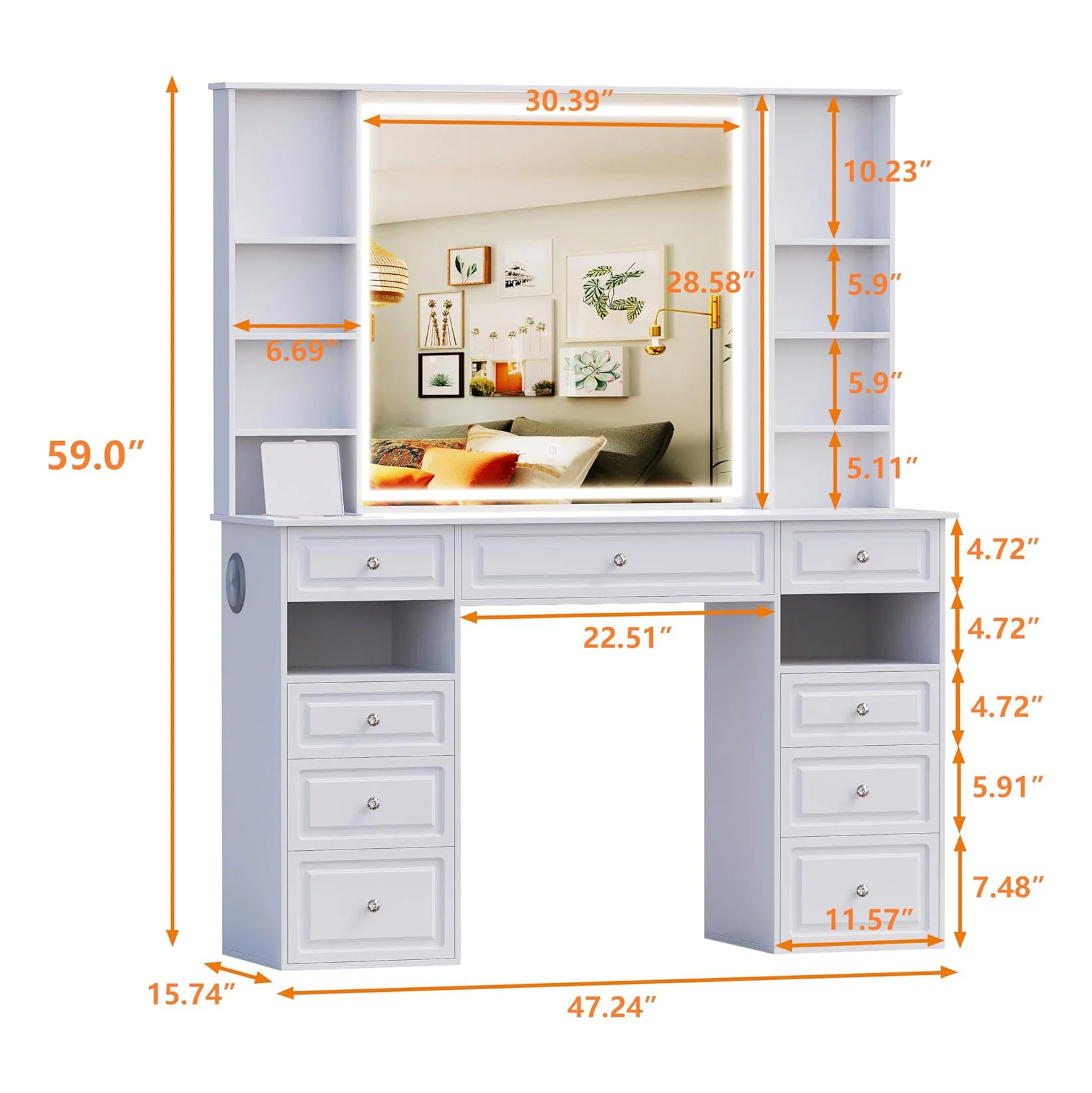 Dresser with LED makeup mirror power socket speaker drawer table bedroom storage