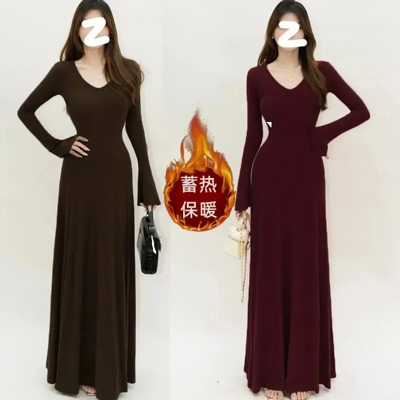

Large Size High-End Long Sleeved Warm Dress With Autumn Winter Temperament Paired With V-Neck Waist Cinching Bottom Long Skirt