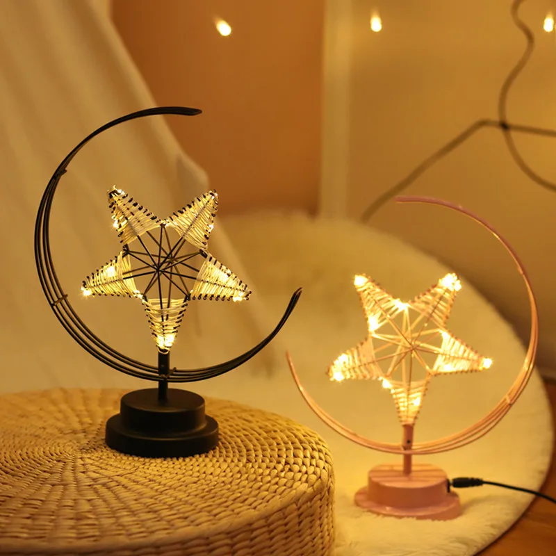 

Creative Led Table Lamp Handmade Modeling Lights Star Shape Christmas Wrought Iron Woven Night Lamp Room Party Decor Light