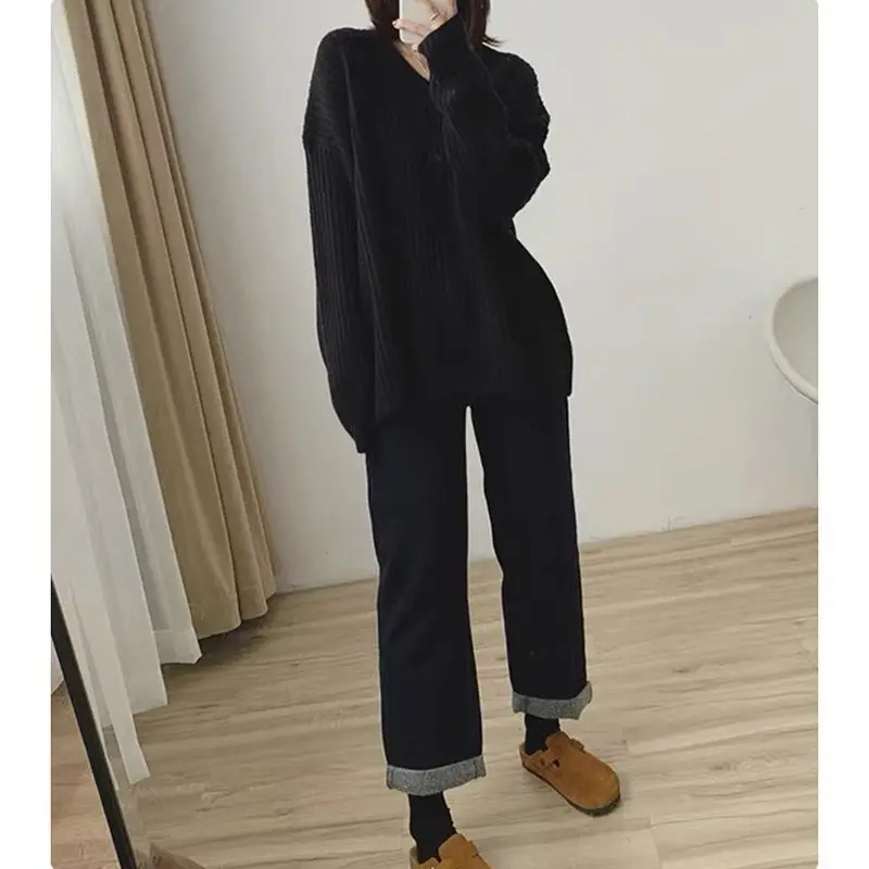 Autumn Winter New Fashion V-neck Long Sleeve Solid Color Pullovers Women's Clothing Loose Casual All-match Trend Knitting Tops