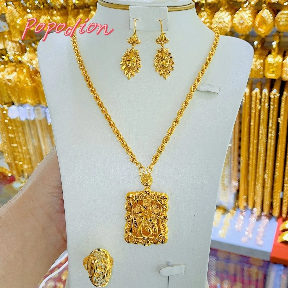 

New 24K Gold Plating Dubai Jewelry Necklace Earrings Wedding Three Piece Set YY10327