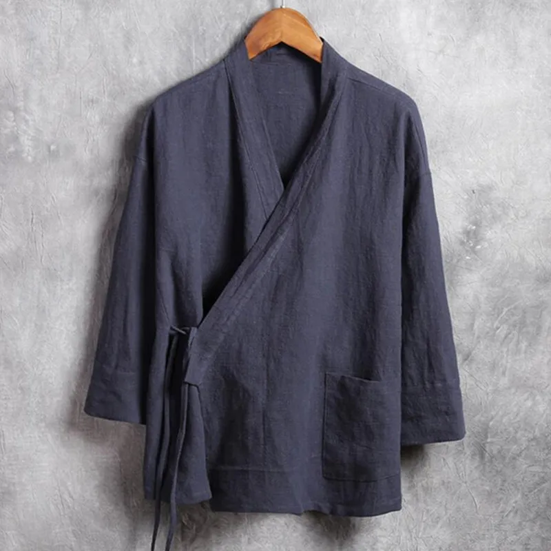 Plus Size M-6XL Pure Color Men\'s Tops 2024 New Cotton Linen Oblique Placket Long Sleeve Linen Hanfu chinese Clothing  Kimono