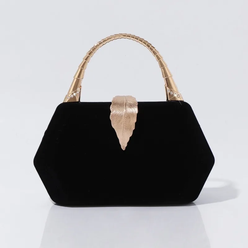 Velvet Matte Handbag Women's Fashion Small Metal Leaf Buckle Clutch Wedding Party Evening Bags for Ladies Black Burgundy Purse