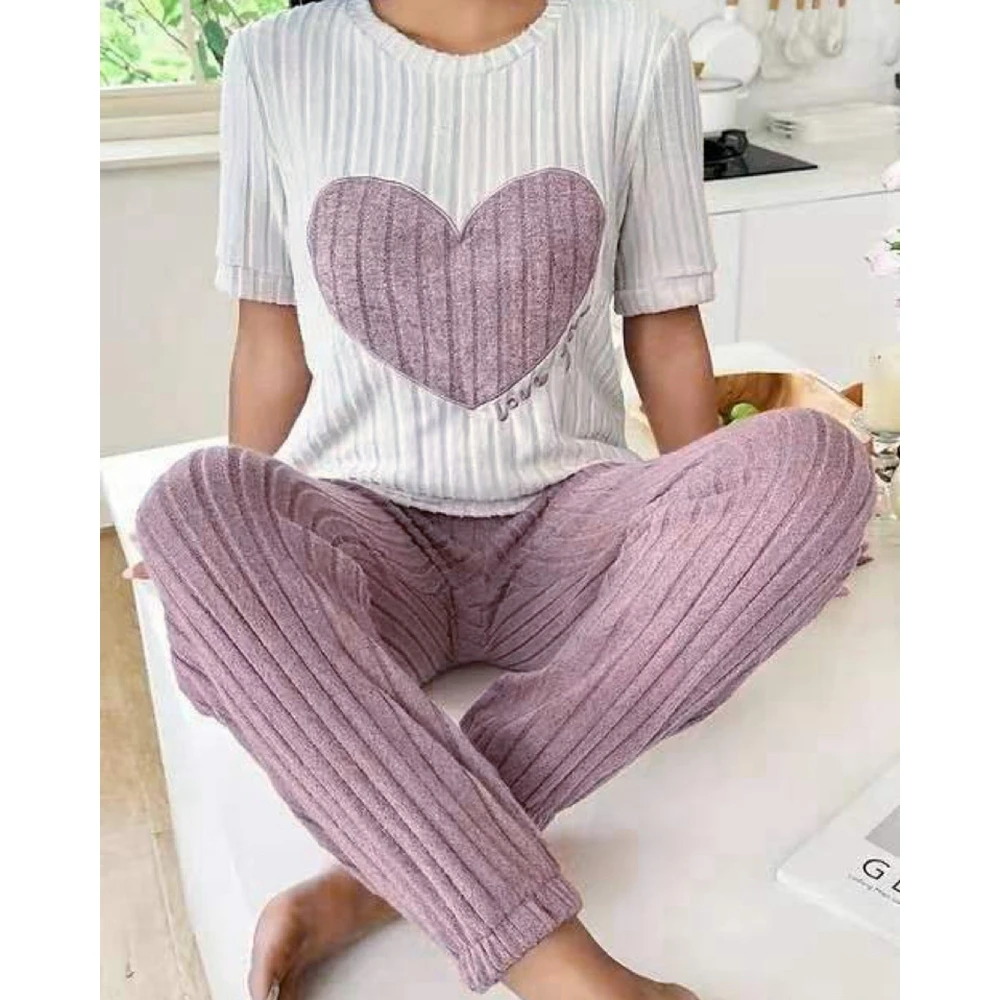 Two Piece Set Women Top and Pants Women Short Sleeve Heart Pattern Top and Pants Set Casual Outfits Loungewear Women