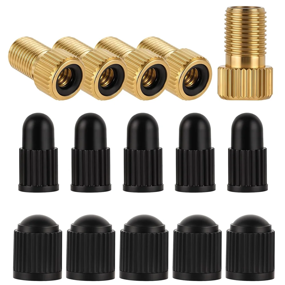 Brass Presta Valve Adaptor (Pack of 5 + 10 Caps) - Convert Presta to Schrader for All Types of Bikes, e-Bikes, and e-Scooters