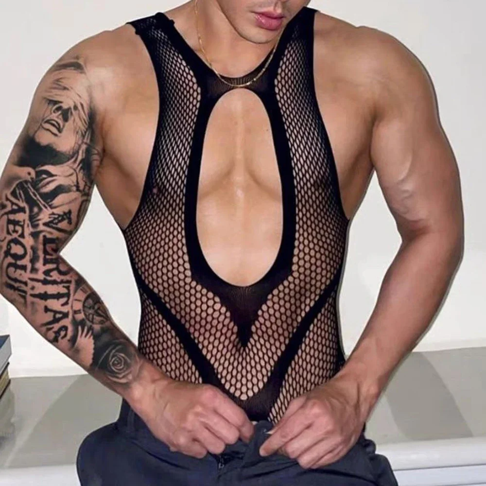 Mens Ultra-thin Black Erotic Lingerie Men's Sexy Transparent Mesh Lace Jumpsuit Set See Through Vest Stockings Tights Onesie