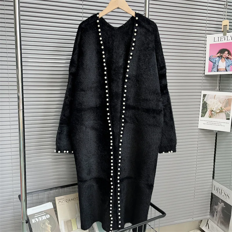 Korean Sweet Temperament Long Sweater Beading V-neck Open Stitch Knitted Cardigan 2024 Fall Winter Soft Casual Sueter Mujer