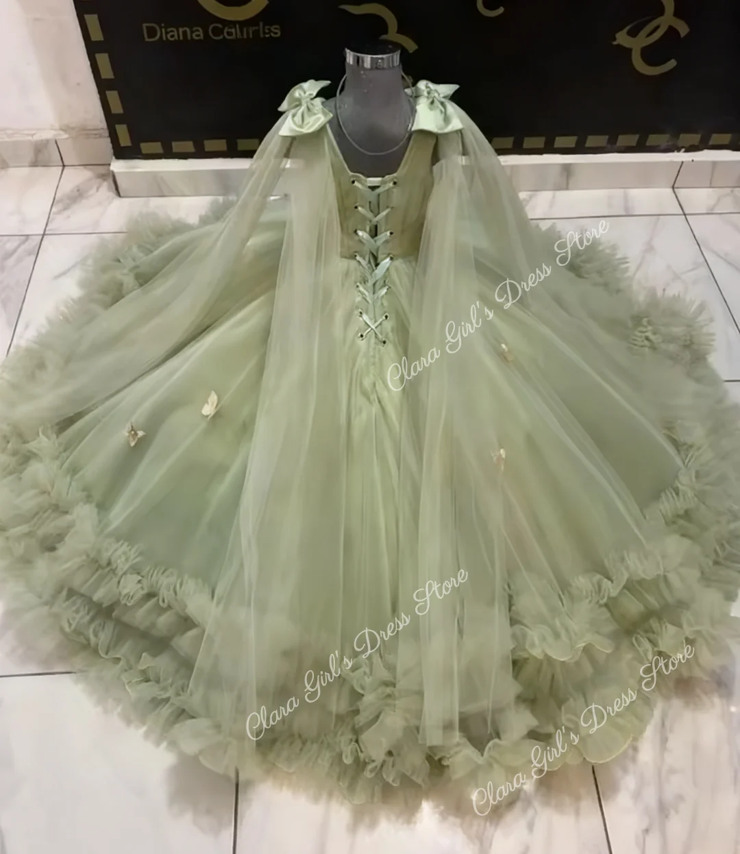Vestido de lujo de flores para niña, tul verde de calidad, capas esponjosas para princesa pequeña, boda, fiesta de cumpleaños, vestidos de baile de noche