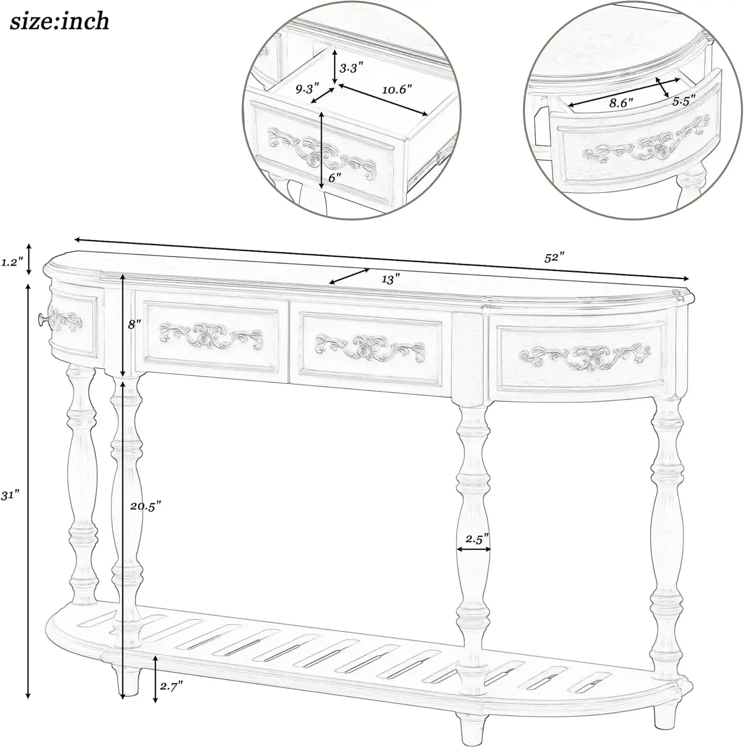 Retro Wood Curved Console Table 52-Inch Half Moon Hall Sofa Table Entryway Table with Drawers & Shelf for Living Room