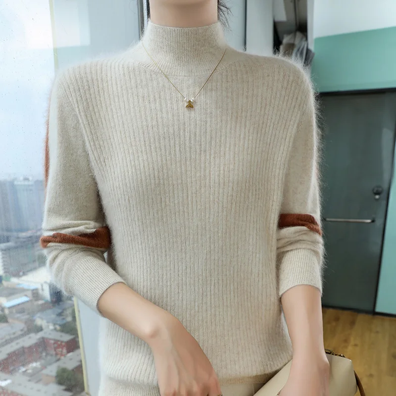 

100% Mink Cashmere Sweater Women's Semi-high-necked Color Block Long-Sleeved Pullovers 2024 Fall/Winter Casual Soft Knitted Tops