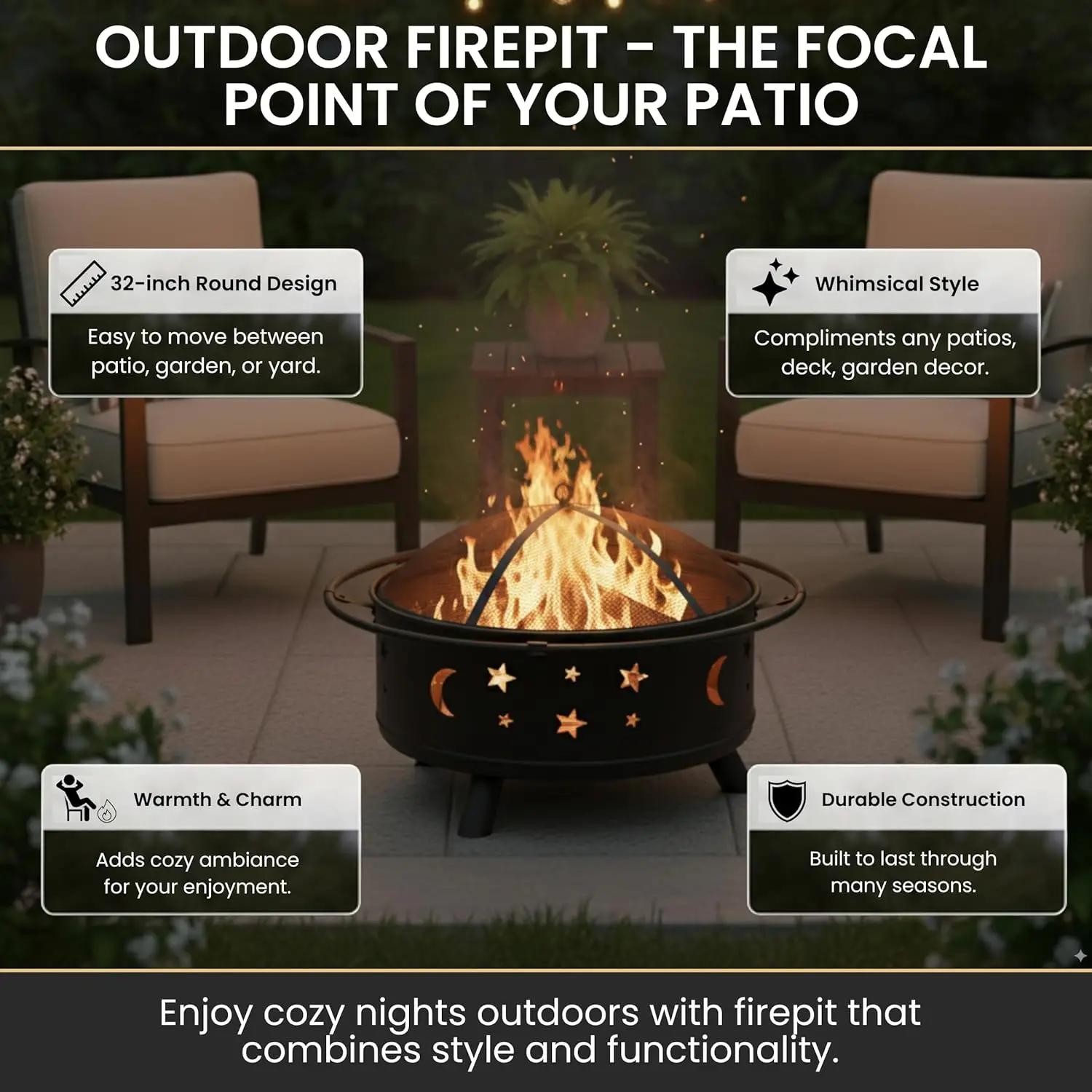 Backyard, Deck or Patio Use, Wood Burning Firepit, Black, Comes with Screen, Poker and Cover