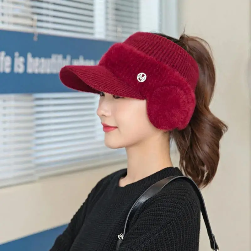 Women's Beanie Tail Knit Hat Winter Brim Beanie Hats For Women Slouchy Beanie With Visor Warm Newsboy Skull Winter Warm Hats