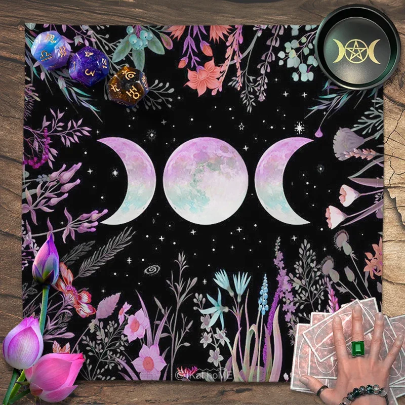 Triple Moon Phase Altar Cloth Tarot Tablecloth Spread Reading Oracle Card Pad Divination Witchcraft Celestial Flower Home Decor