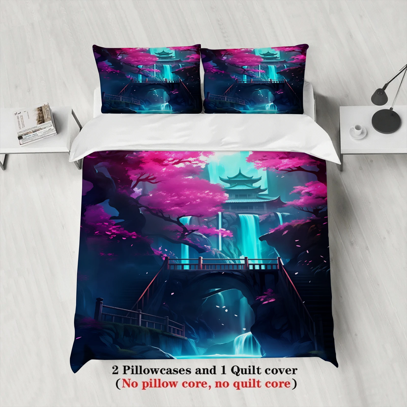 Japanese Bridge Cherry Blossom Tree Printed Duvet Cover Room Decor Waterfall Pagoda 3PCS Bed Sets With 2Pillowcases Queen Size