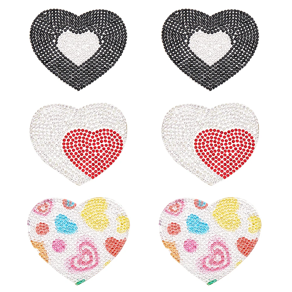 6Pcs 3 Styles Heart Shape Iron on Patches Decorative Adhesive Sew on Glass Rhinestone Patch Love Hearts Glitter Appliques