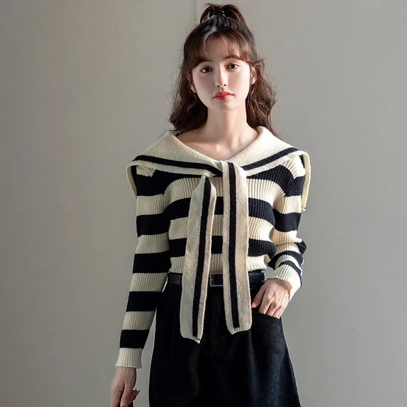 Women Striped Knitted Cardigan Office Lady Korean Fashion Long Sleeve Sailor Collar Basic Sweater Jumper Y2k Preppy Style Autumn