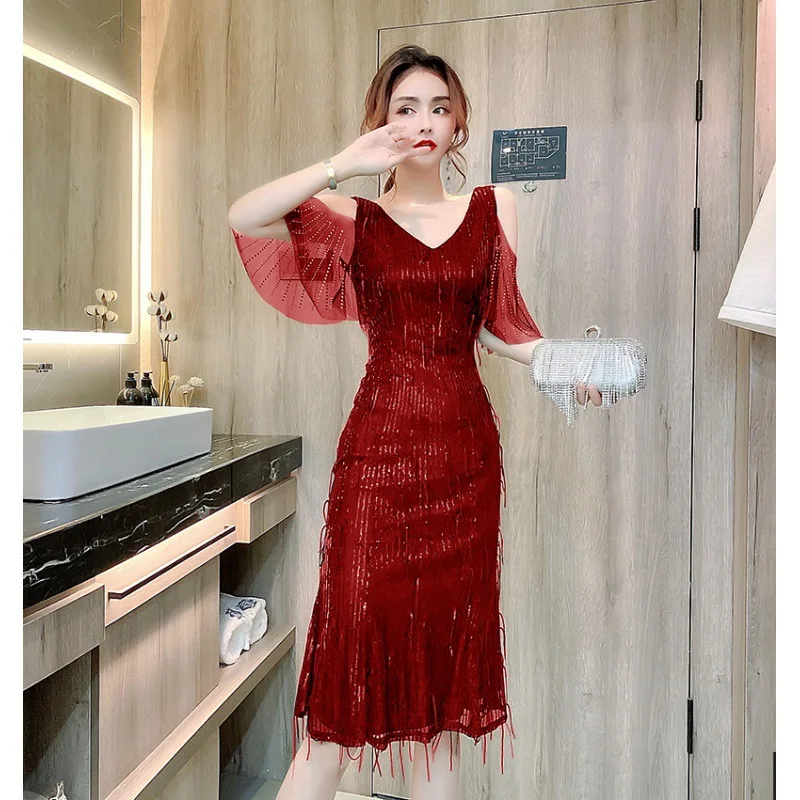 Sexy V-Neck Sequins Tassel Knee-Length Evening Dresses Women Formal Party Gown Vestidos