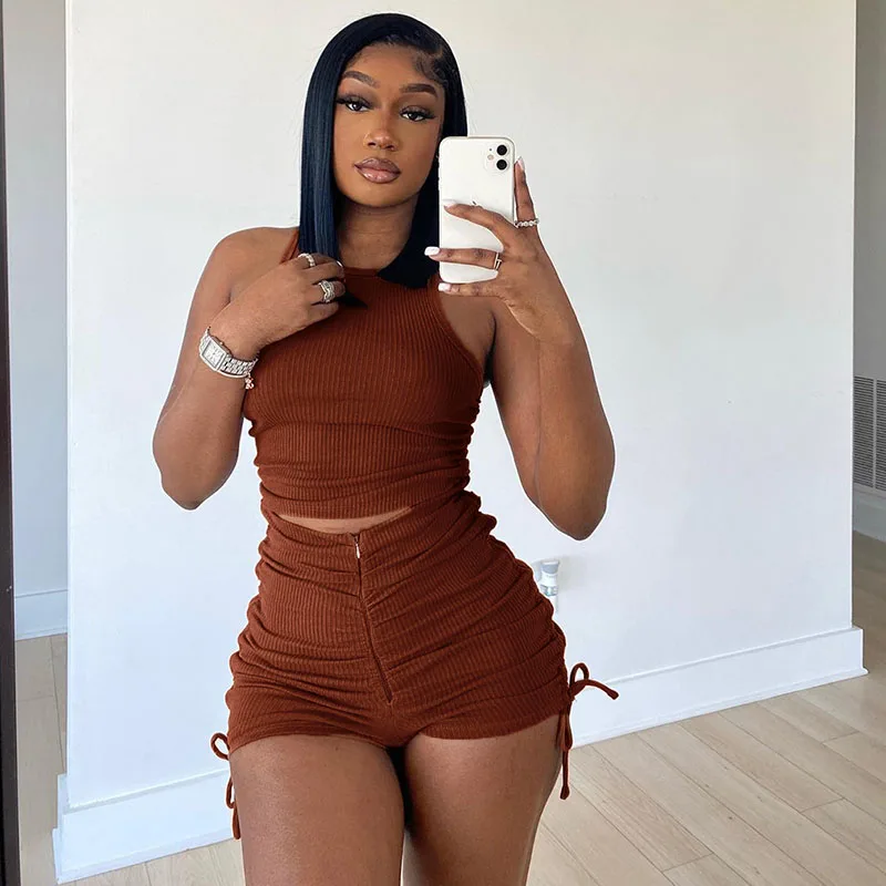 

Sexy Knit 2 Piece Set for Women Summer 2022 Skinny Vest Crop Tops and Drawstring Ruched Shorts Sets Sportwear Casual Tracksuit