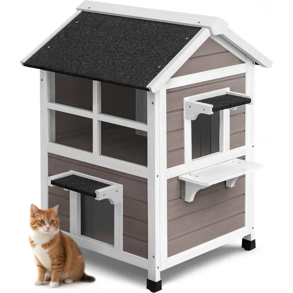 Outdoor 2-Story Cat House Weatherproof Shelter with Window Large Wooden Feral Cat Condo with Escape Door