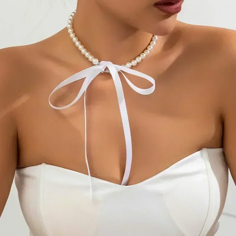 Trend Wedding Choker Imitation Pearl Neck Necklace Party Jewelry Long Black Ribbon Necklace For Women Elegant Beads Necklaces