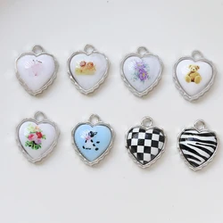 1pcs Diy Jewelry Accessories Korean Alloy Inlaid Flowers Bear Stripes Love Peach Heart Earrings Necklace Pendant Charms