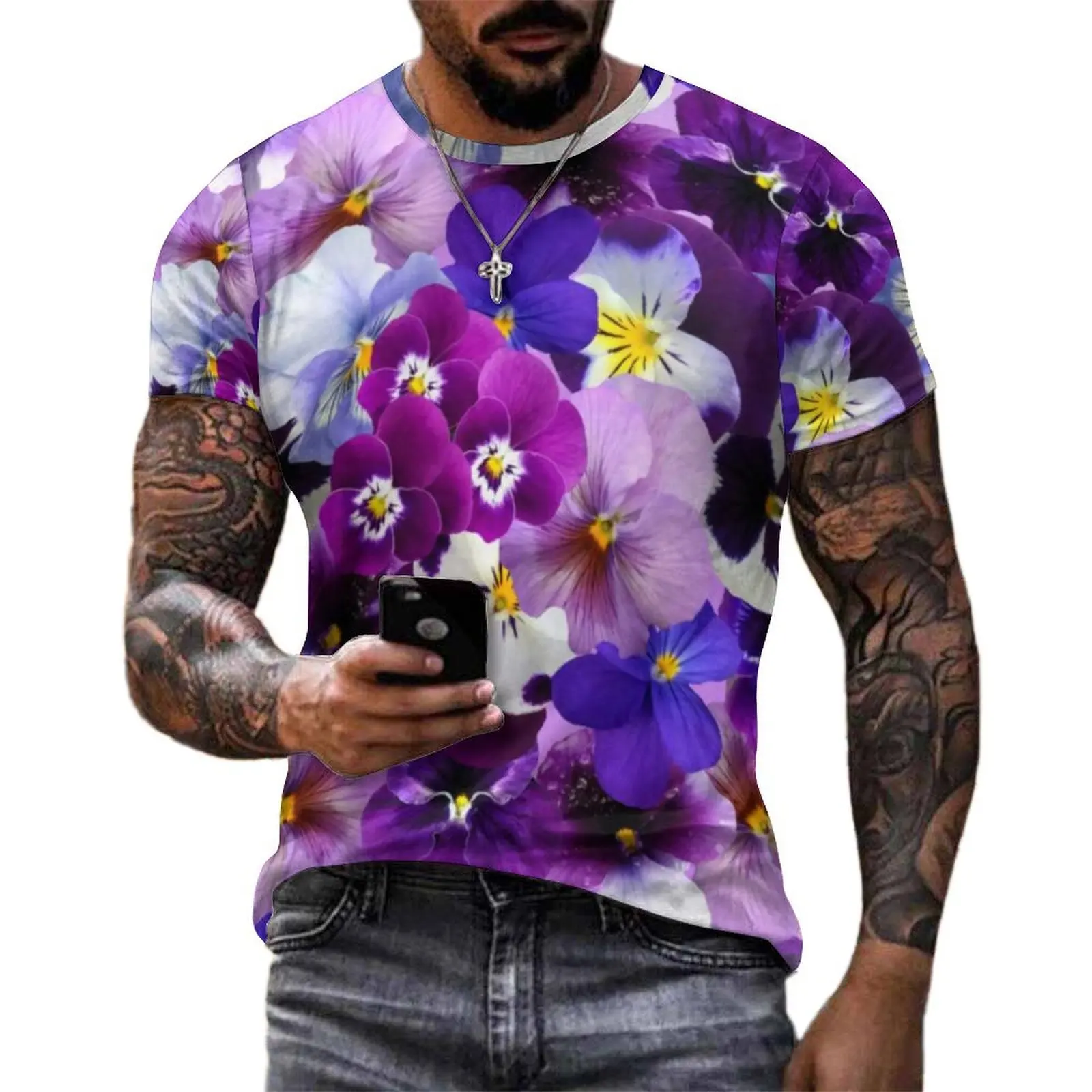 Plus Size T-Shirt Original Purple Flower Power T Shirts Pretty Floral Casual Crew Neck Tee Shirt Men Retro Pattern Clothing