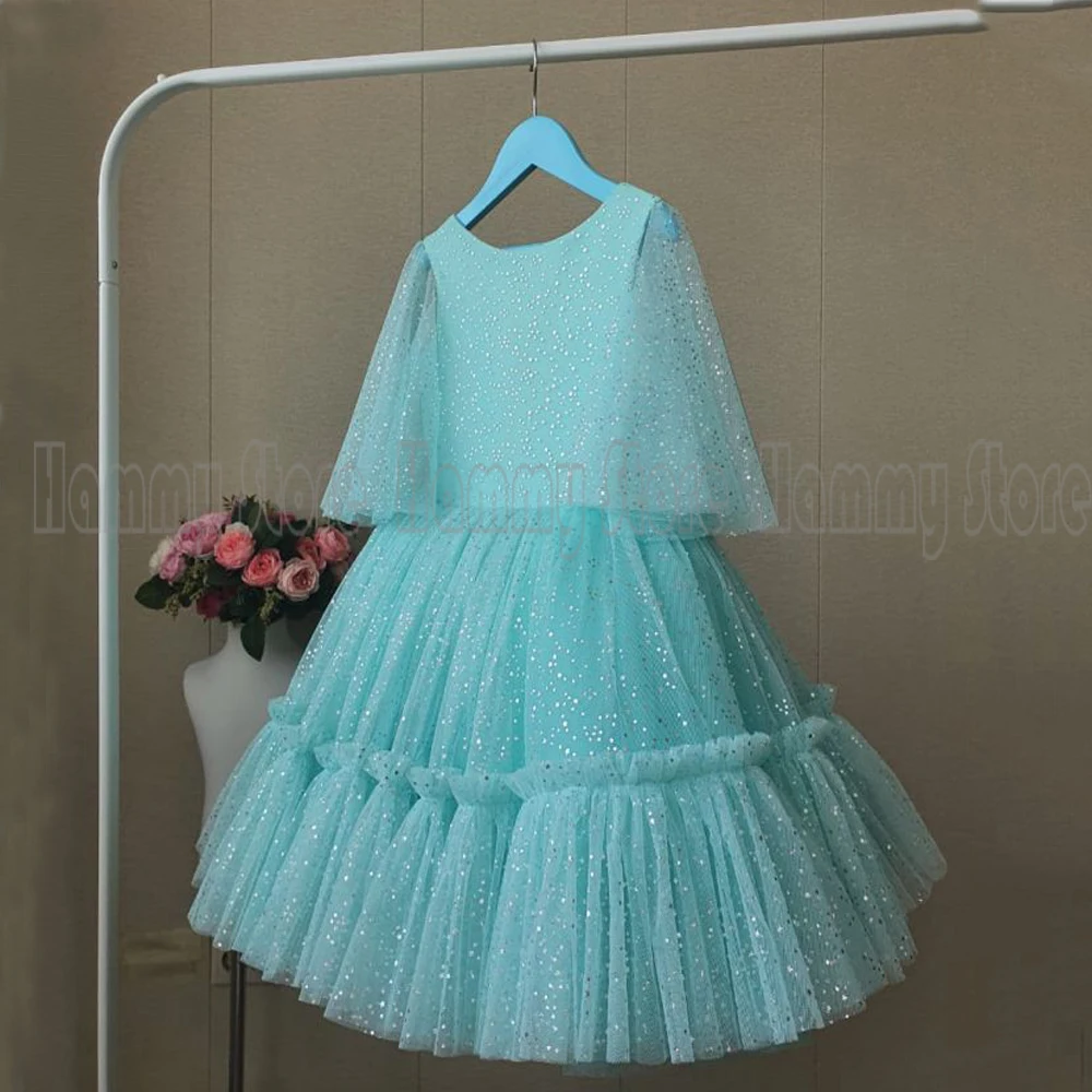 Abito da ragazza di fiore principessa mezze maniche scollo tondo Glitter Tulle Puff abiti da prima comunione abito da compleanno per bambini