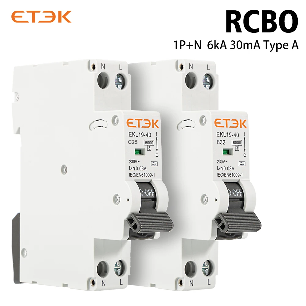 Disjoncteur différentiel automatique ETEK RCBO Type A 6KA 16A 1P+N 2P DPN avec protection contre les surintensités et les fuites 30mA EKL19-40