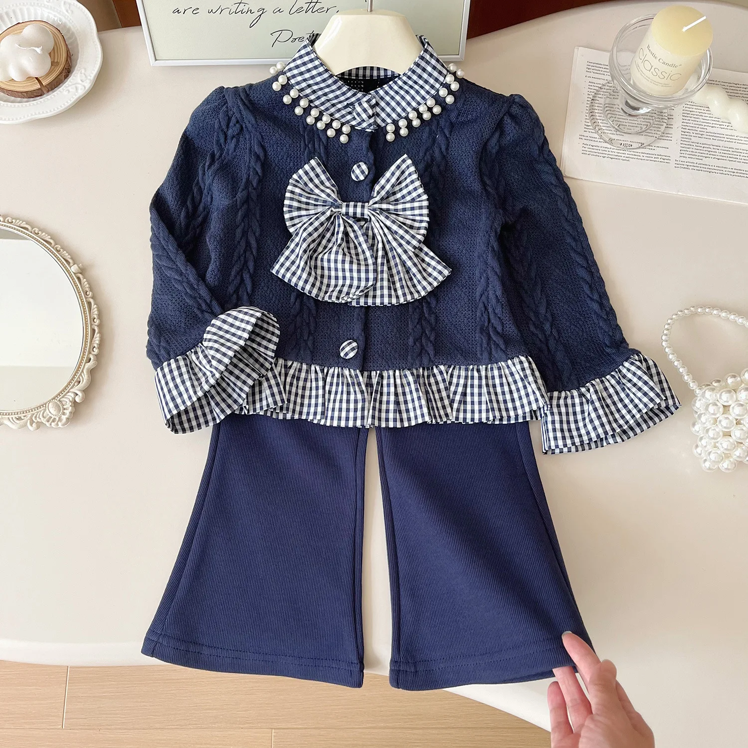 2024 Autumn New Korean Girls Knitted Top Pants Two Piece Set Girls Bow Patchwork Plaid Collar Long Sleeve Set