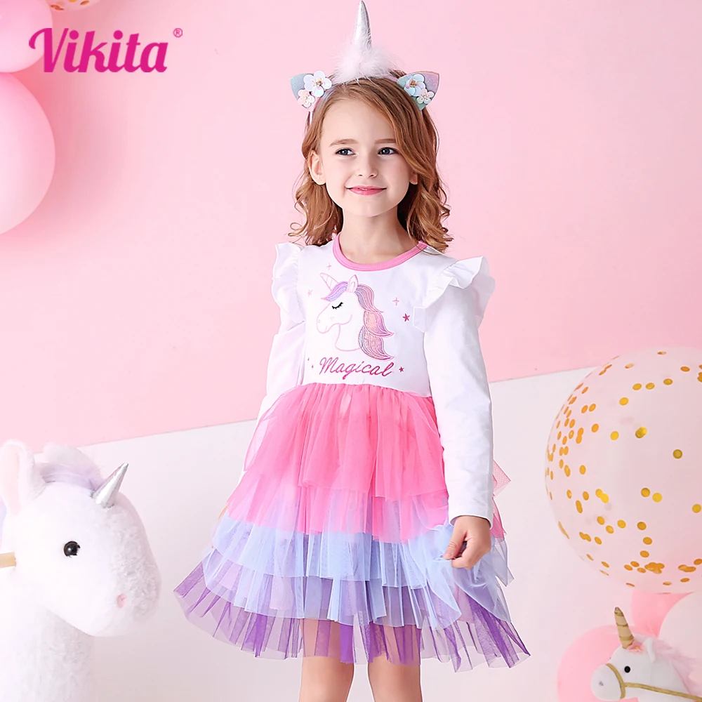 

VIKITA Kids Princess Tutu Dress Girls Licorne Embroidery Flare Sleeve Dress Kids Autumn Spring Party Layered Tulle Prom Gown